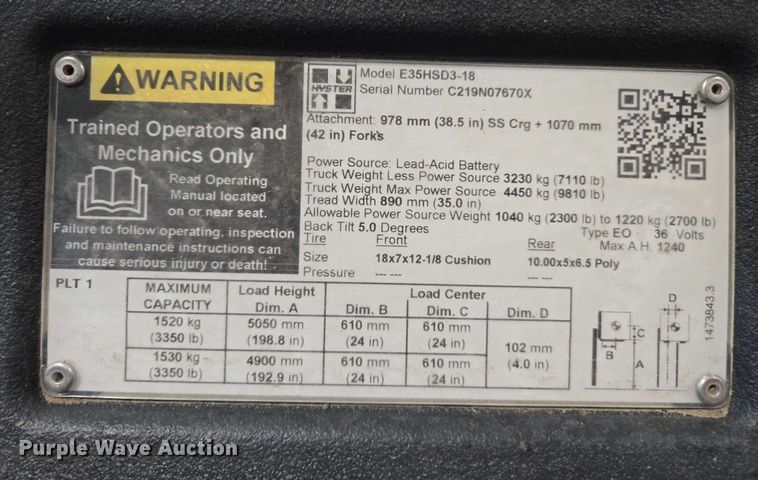 image for item EC1024 2023 Hyster E35HSD3-18 forklift