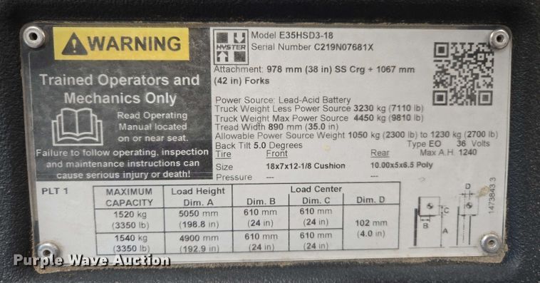 image for item EC1025 2023 Hyster E35HSD3-18 forklift