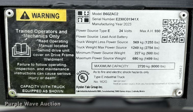 image for item EL6033 2023 Hyster B60ZAC2 pallet jack