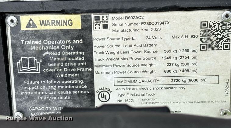 image for item EL6036 2023 Hyster B60ZAC2 pallet jack