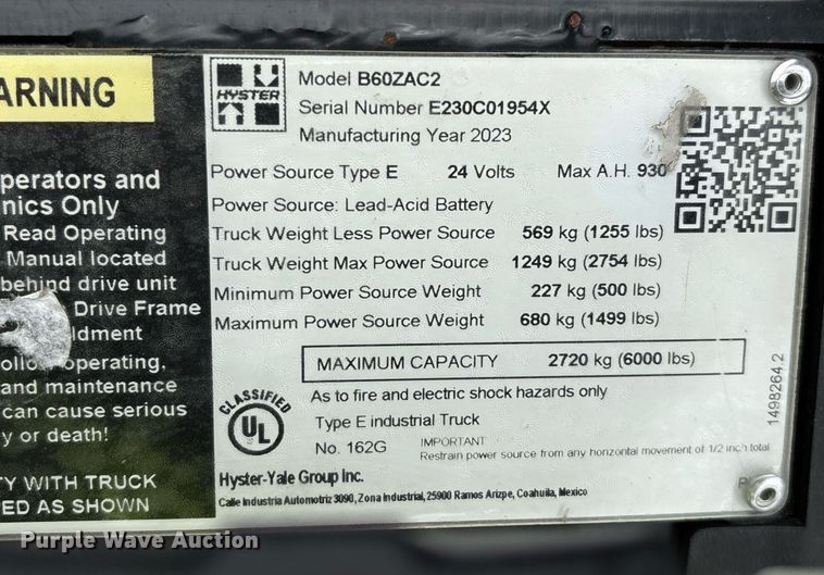 image for item EL6037 2023 Hyster B60ZAC2 pallet jack