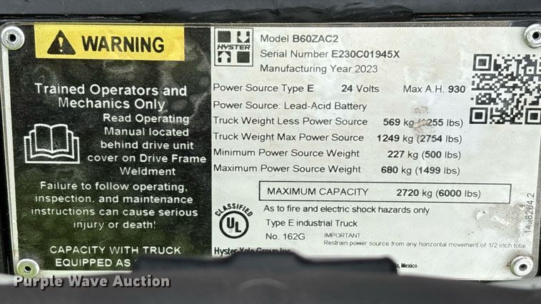 image for item EL6040 2023 Hyster B60ZAC2 pallet jack