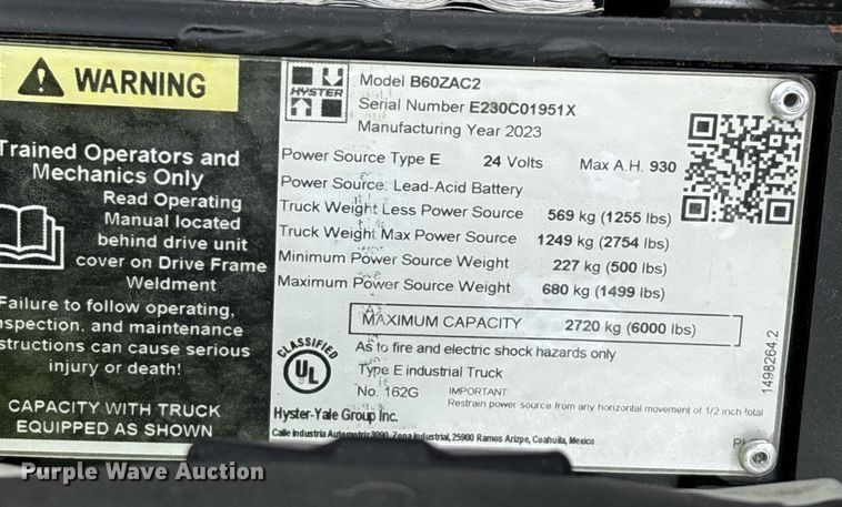 image for item EL6042 2023 Hyster B60ZAC2 pallet jack