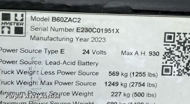 image for item EL6042 2023 Hyster B60ZAC2 pallet jack