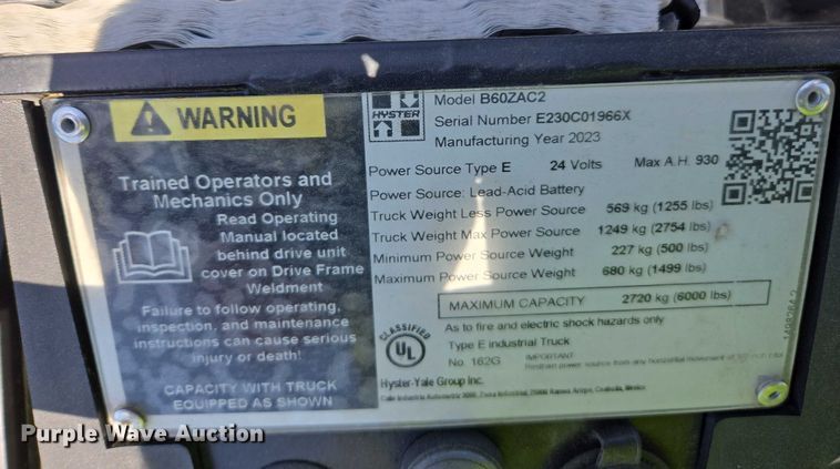 image for item EL6054 2023 Hyster B60ZAC2 pallet jack