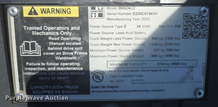 image for item EL6055 2023 Hyster B60ZAC2 pallet jack