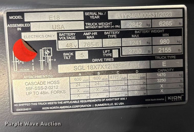 image for item ND9808 2023 Linde E18 forklift