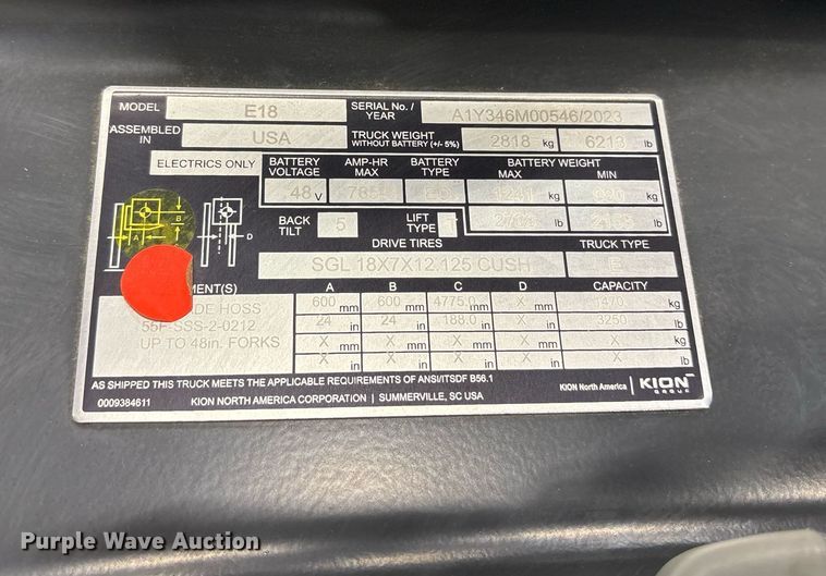 image for item ND9824 2023 Linde E18 forklift