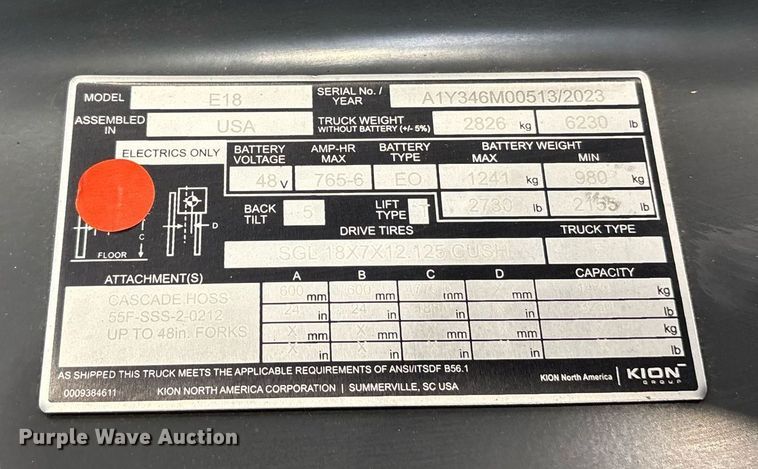 image for item ND9974 2023 Linde E18 forklift