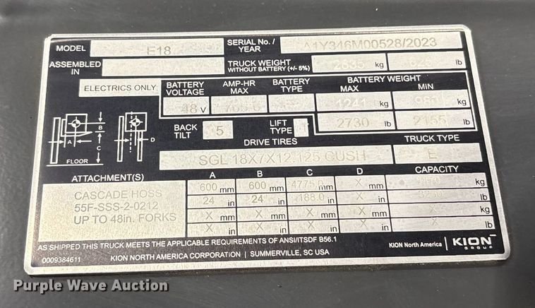 image for item ND9984 2023 Linde E18 forklift