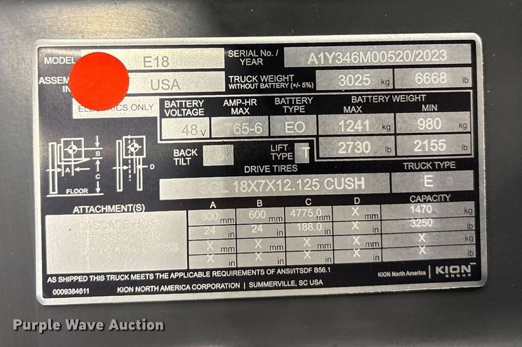 image for item ND9985 2023 Linde E18 forklift