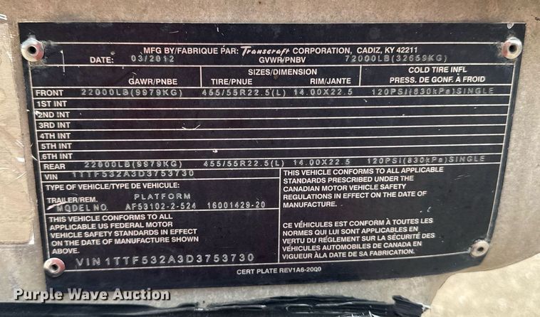 image for item DS4326 2013 Transcraft AF53102-2-524 flatbed trailer