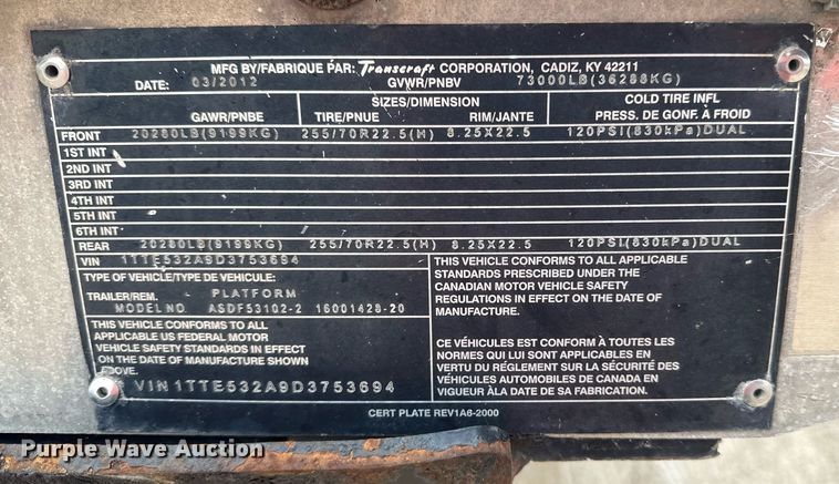 image for item DS4330 2013 Transcraft ASDF53102-2 drop deck equipment trailer