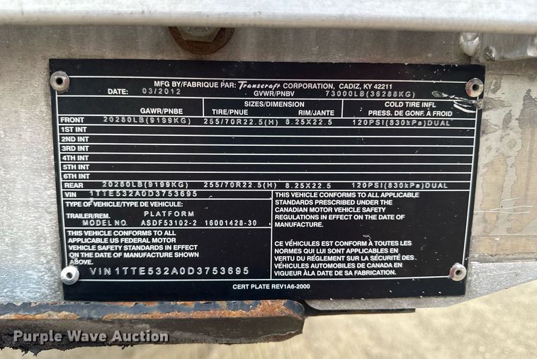 image for item DS4331 2013 Transcraft ASDF53102-2 drop deck equipment trailer