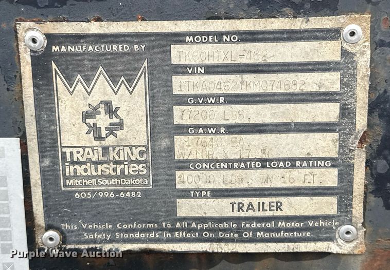 image for item DT6617 1989 Trail King TK60HTXL-462 double drop deck equipment trailer