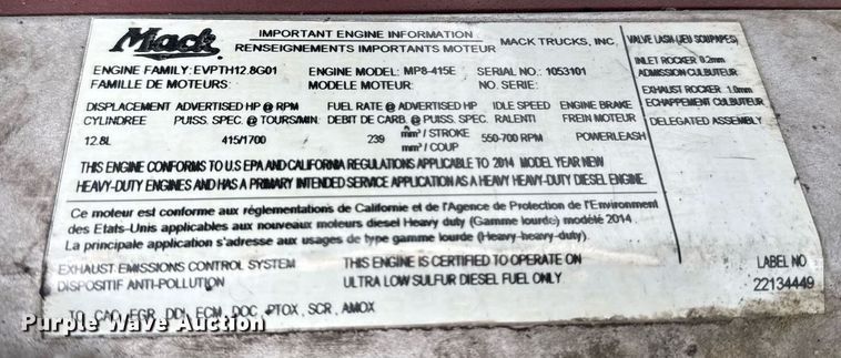 image for item DW1951 2015 Mack CXU613 semi truck