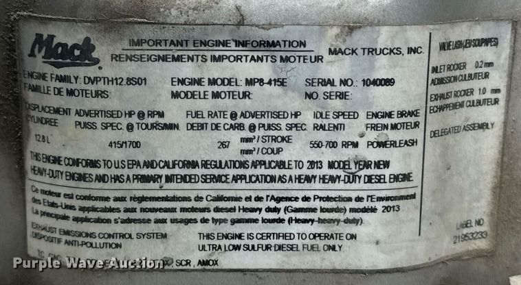 image for item DW1954 2014 Mack CXU613 semi truck