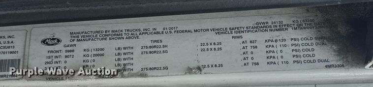 image for item DW1961 2018 Mack CXU613 semi truck