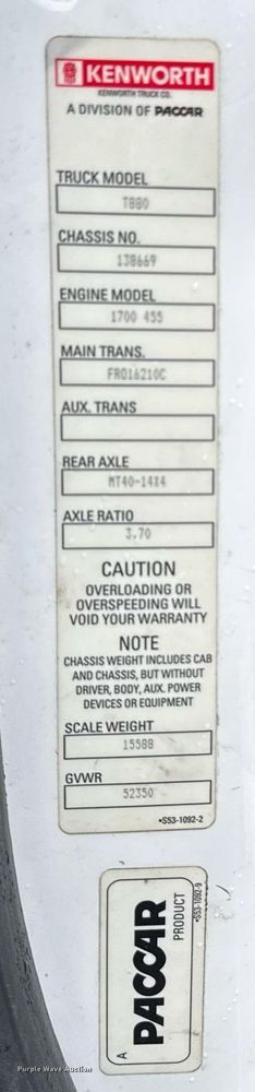 image for item DW1962 2016 Kenworth T880 semi truck