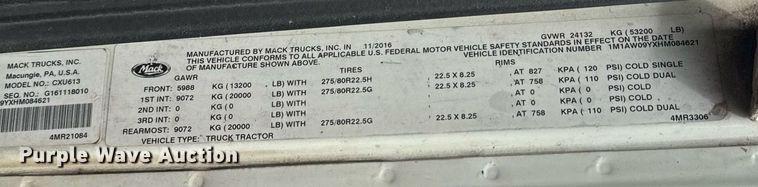 image for item DW1965 2017 Mack CXU semi truck