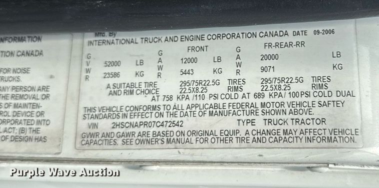 image for item DW1987 2007 International 9400I semi truck
