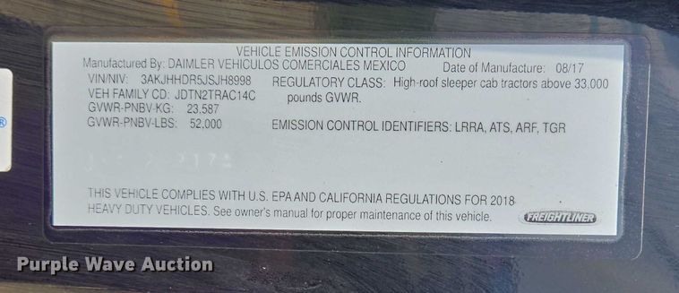 image for item DW7019 2018 Freightliner Cascadia semi truck