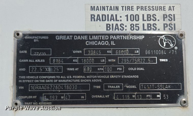 image for item EC4074 2006 Great Dane 7411T-SSLA dry van trailer