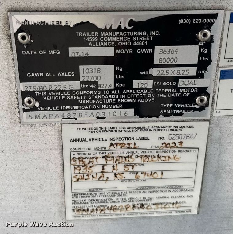 image for item EG6557 2015 Mac flatbed trailer