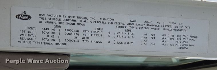 image for item EJ7513 2006 Mack CXN semi truck