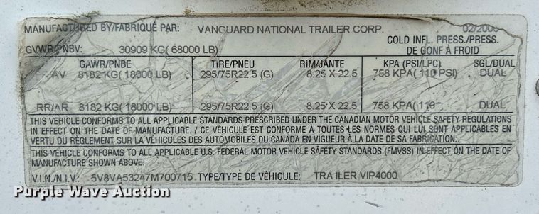 image for item EK8106 2007 Vanguard VIP4000 dry van trailer