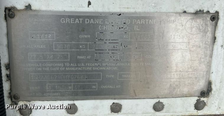 image for item EK8114 2013 Great Dane CTL-1114-11053 refrigerated van trailer