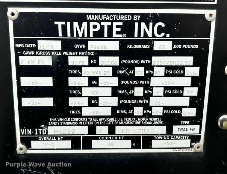 image for item EK8160 2012 Timpte grain trailer