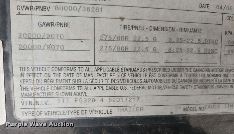 image for item EL2065 2006 Transcraft Eagle II flatbed trailer