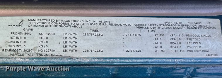 image for item YA0496 2019 Mack AN42T semi truck