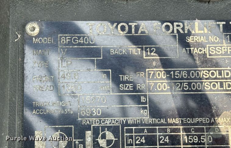 image for item DI9048 2018 Toyota 8FG40U forklift