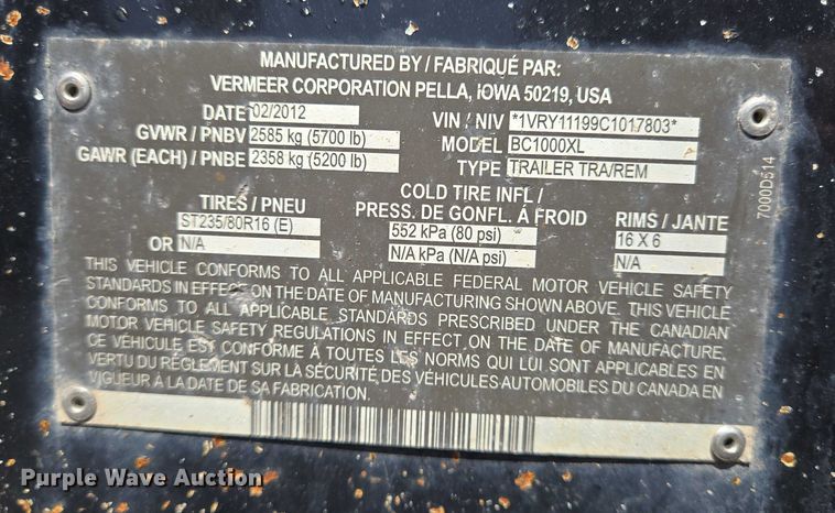 image for item DT4903 2012 Vermeer BC1000XL wood chipper