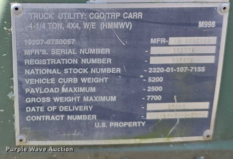 image for item DT6934 1989 AM General M998 SUV