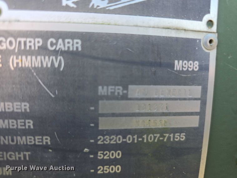 image for item DT6934 1989 AM General M998 SUV