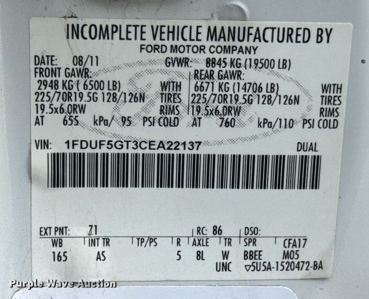 image for item DU9760 2012 Ford F550 Super Duty truck cab and chassis