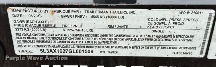 image for item DV4115 2016 Trailerman utility trailer