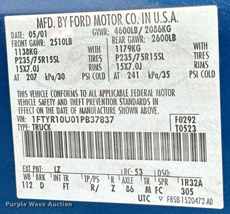 image for item DV4138 2001 Ford Ranger pickup truck