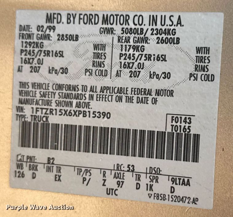 image for item DY0188 1999 Ford Ranger SuperCab pickup truck