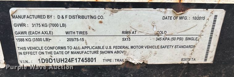 image for item DY0513 2015 D&F Distributing 83X18TA utility trailer