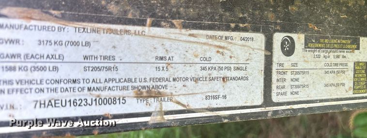 image for item DY0591 2018 Texline 8316SF-16 utility trailer