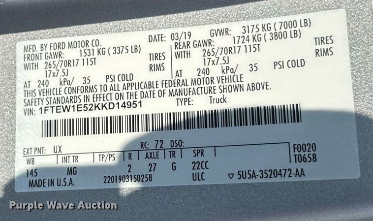 image for item EB2597 2019 Ford F150 XLT SuperCrew pickup truck