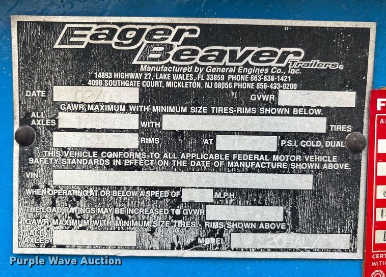 image for item EC3645 2003 Eager Beaver 20HALX flatbed trailer