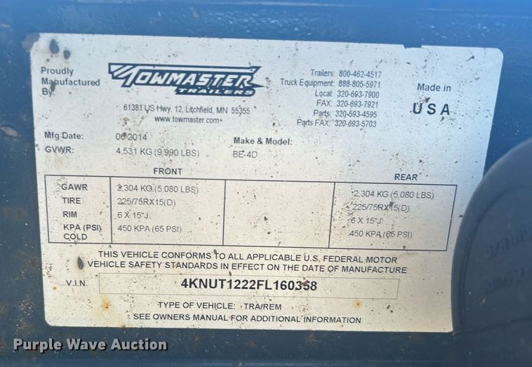 image for item EG1239 2015 Tow Master Big Tow BE-4D utility trailer