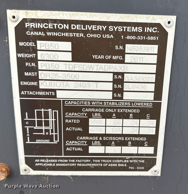 image for item EG5855 2011 Princeton Delivery Systems Inc PB50 forklift