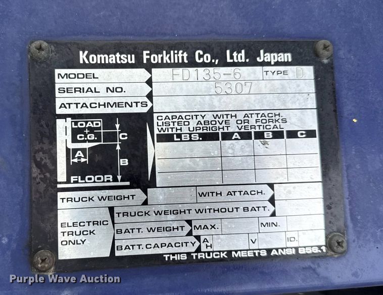 image for item EG5861 1999 Komatsu FD 135-6 forklift