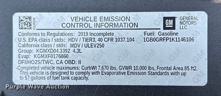 image for item EG8075 2019 Chevrolet Express 3500 box truck